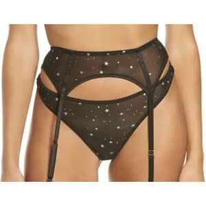 KILO BRAVA Embroidered High Cut Thong/Garter Belt/Pantie Set Black/Foil Stars 3X